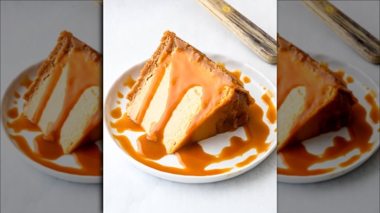 Apple cider cheesecake drizzled with caramelized white chocolate