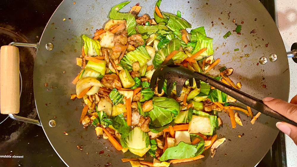 Veggies in a wok with chicken