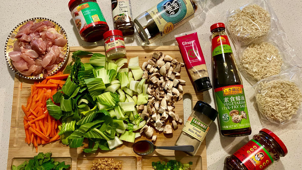 Ingredients for spicy noodles on the counter