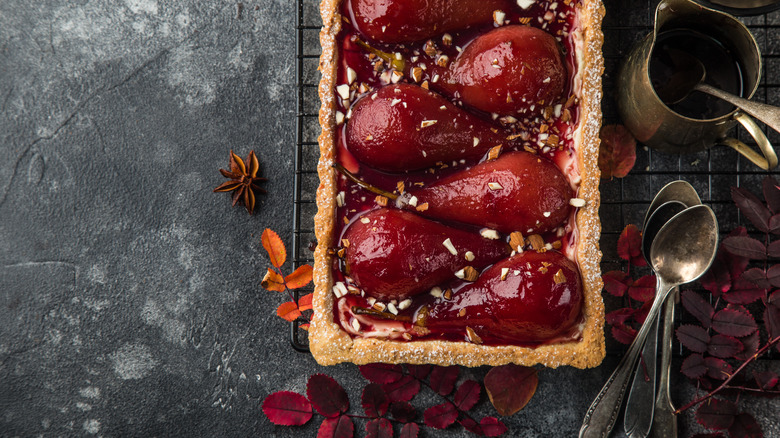 Rectangular tart with red wine poached pears