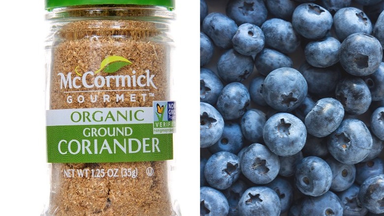 Jar of coriander with pile of blueberries