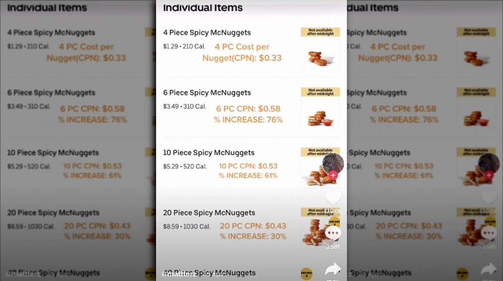 Uber Eats screenshot comparing McNuggets prices