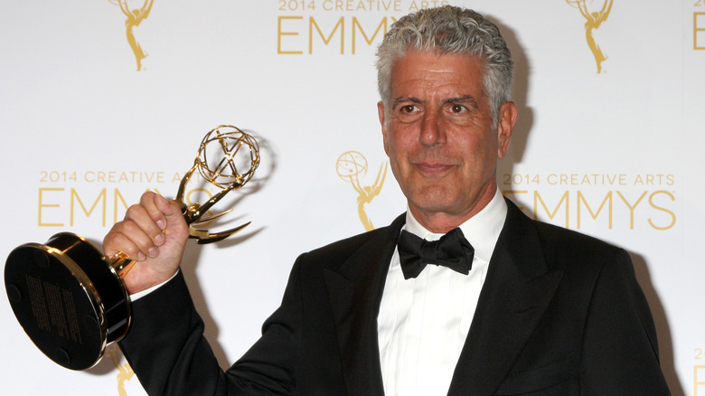 Anthony Bourdain with his Emmy 