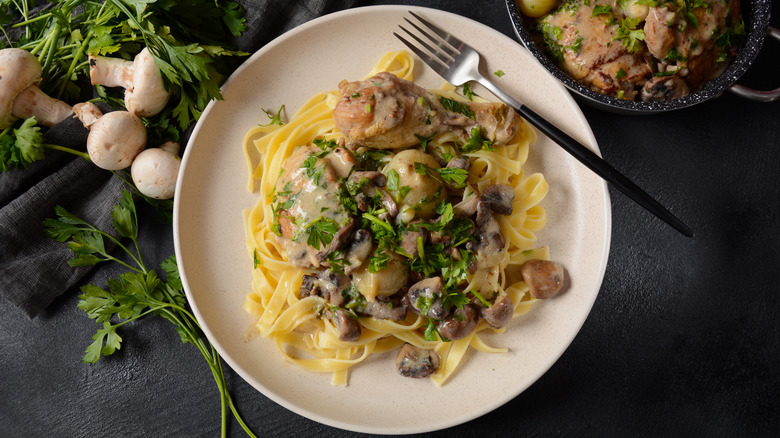 Chicken fricassee on pasta