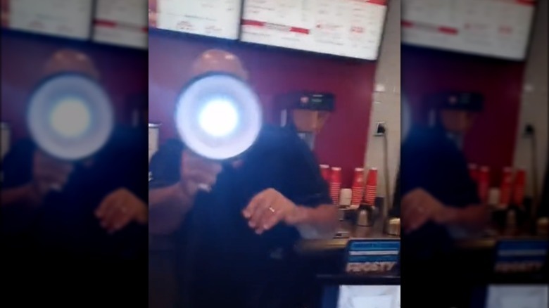 Wendy's manager with bullhorn