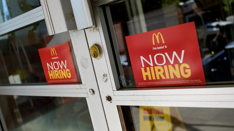 McDonald's "now hiring" door signs