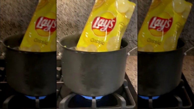 A Lays chip bag in a boiling pot of water