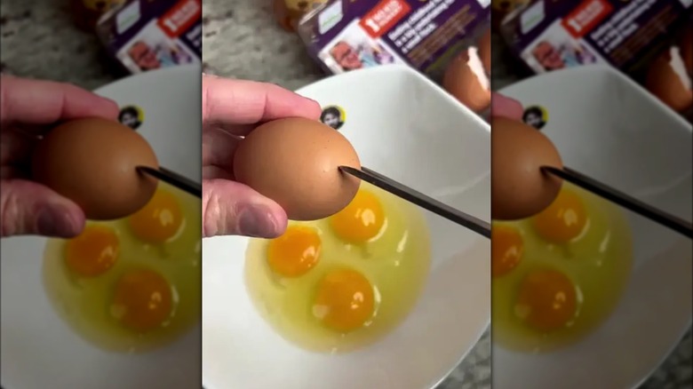 Scissors about to crack open an egg