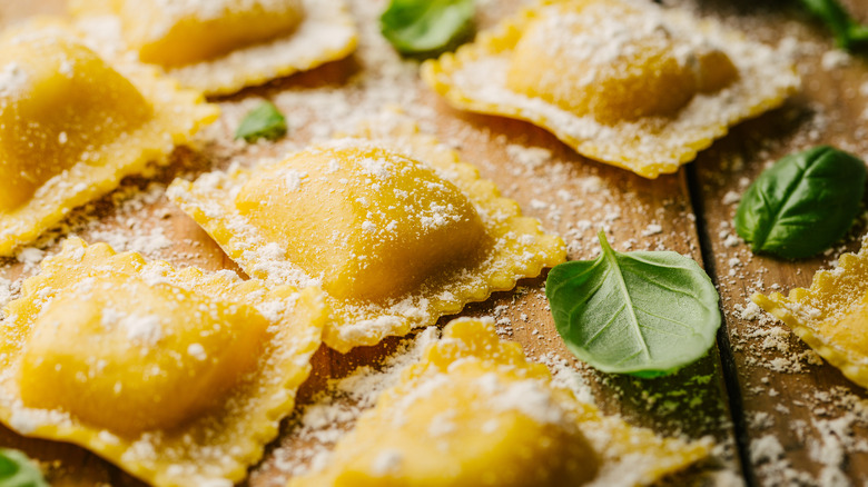 Raw raviolis close-up