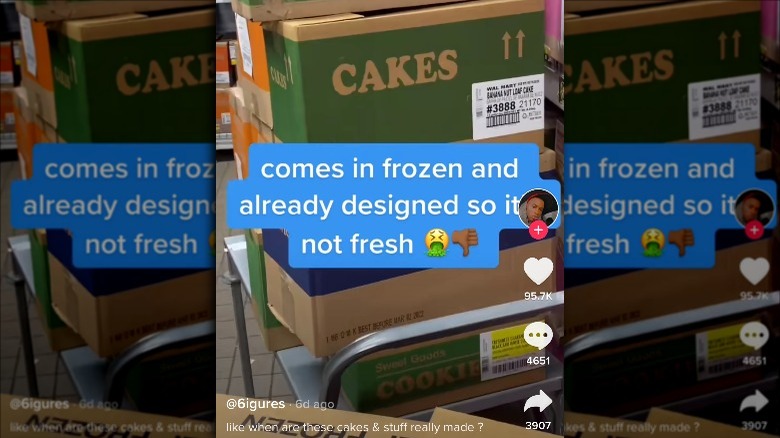 Boxes in Walmart bakery overlaid with text