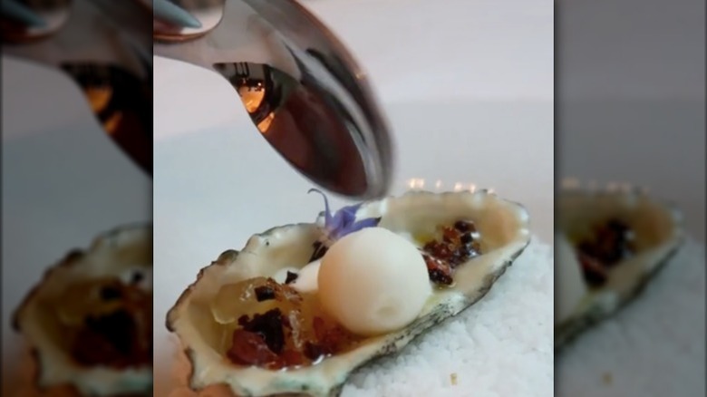 TikTok video image of a chocolate oyster with a spoon