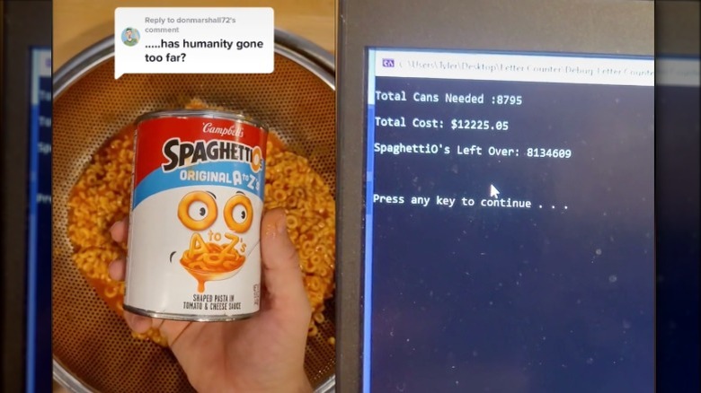 hand holding SpaghettiOs and computer calculations