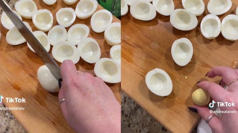 TikTok user @andrealanev's hard-boiled egg cutting hack