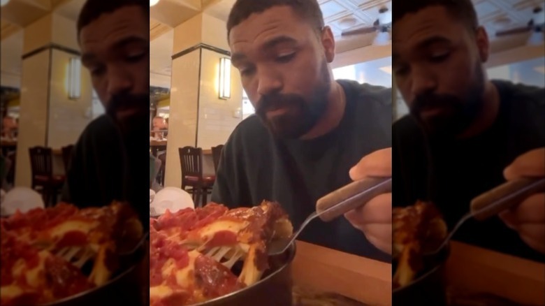 Jordan Howlett trying Chicago style pizza 