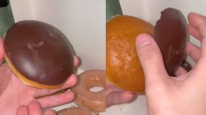 Donuts with chocolate shell being removed