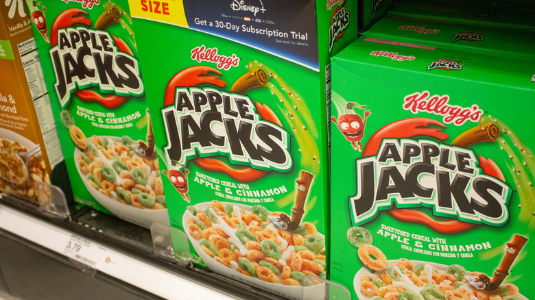 Boxes of Apple Jacks on store shelves