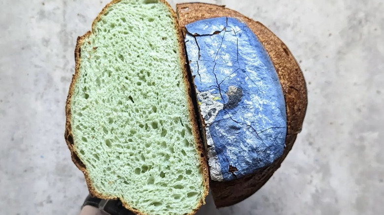 Split loaf of colorful bread