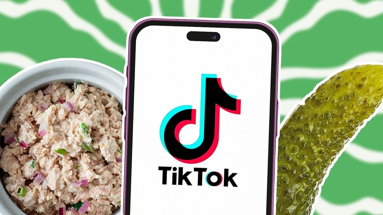 Tuna salad and pickle beside TikTok logo