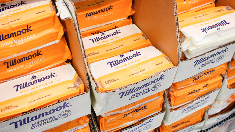 Tillamook cheddar cheese stacked