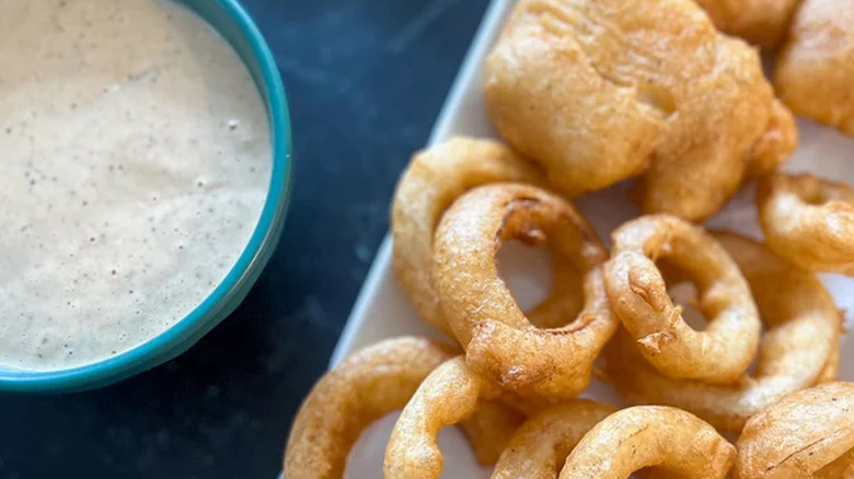 beer battered onion rings with a dip