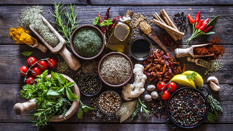 various bowls of herbs and spices