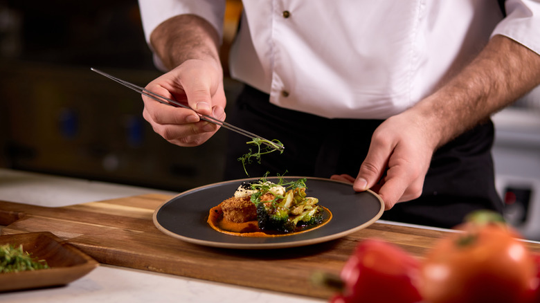 Plating food on a gray plate