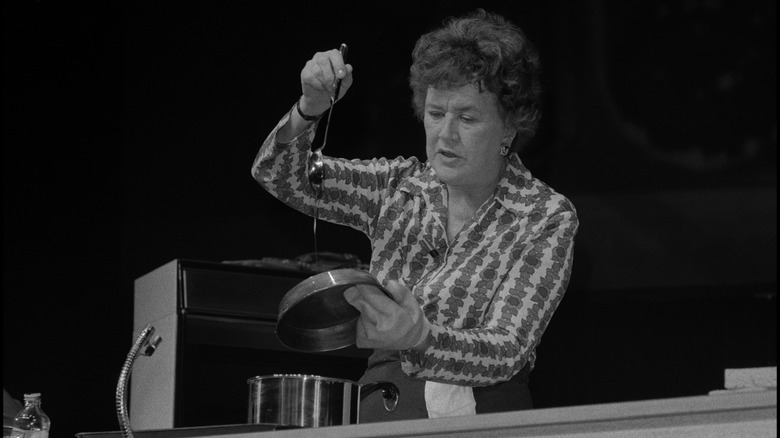 Vintage photo of Julia Child cooking on stage