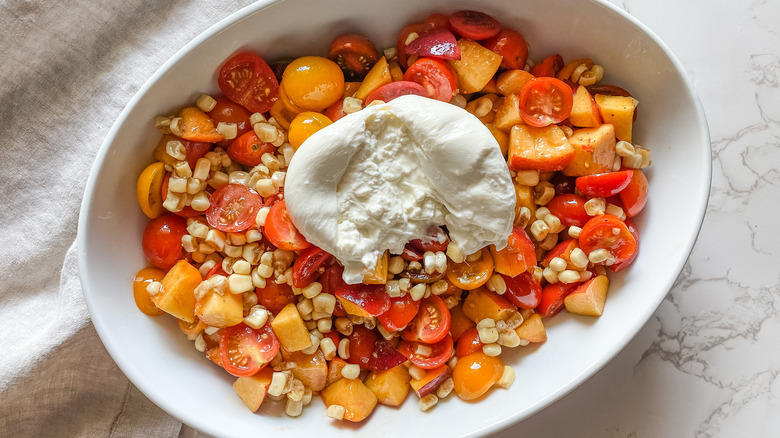 tomato peach corn burrata salad