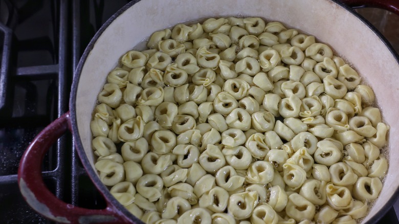 pot of cooking tortellini