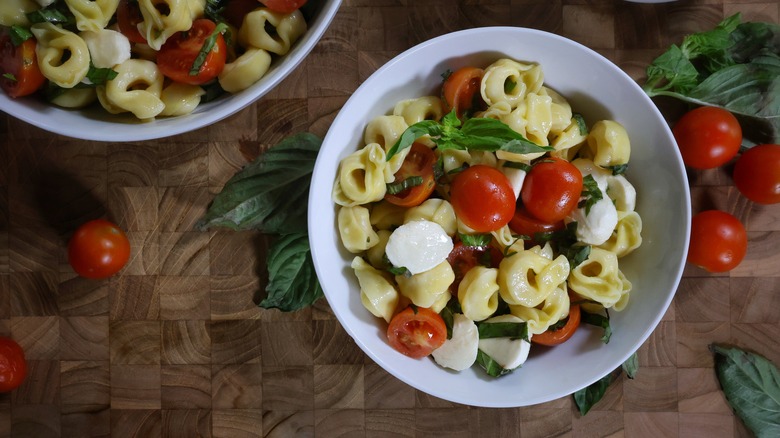 bowl of tortellini caprese pasta salad