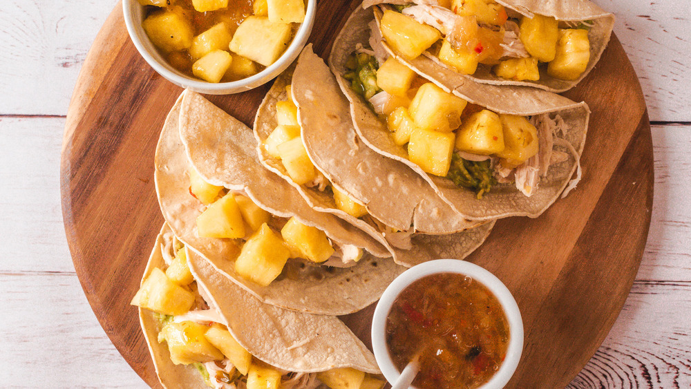 chicken tacos made with pineapple salsa and guacamole from costco