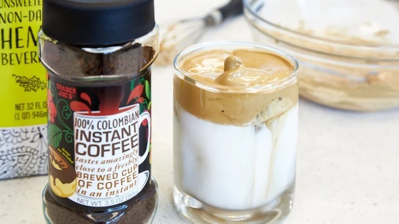 Trader Joe's Colombian instant coffee jar and glass