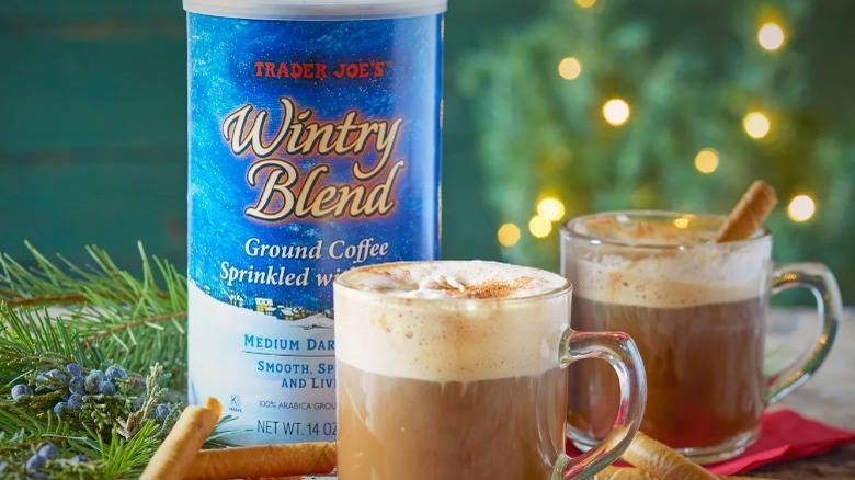 Can of Wintry Blend and two cups of coffee