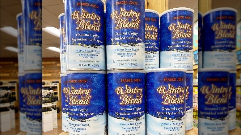 trader joe's display of blue cans of Wintry Blend coffee