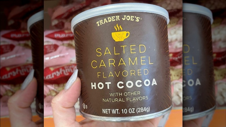 A canister of Trader Joe's Salted Caramel hot cocoa