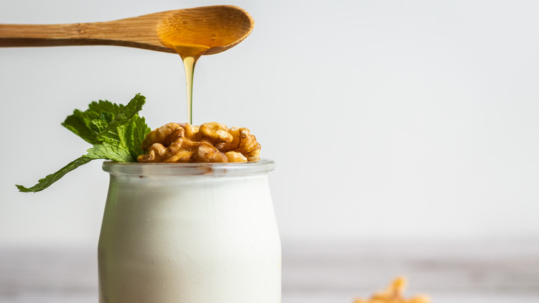 Greek yogurt and honey on white background