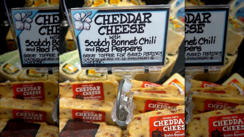 Trader Joe's cheese with a white sign