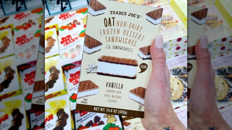 Hand holding Trader Joe's ice cream sandwiches