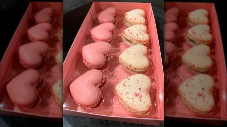 Pink and white heart-shaped macarons