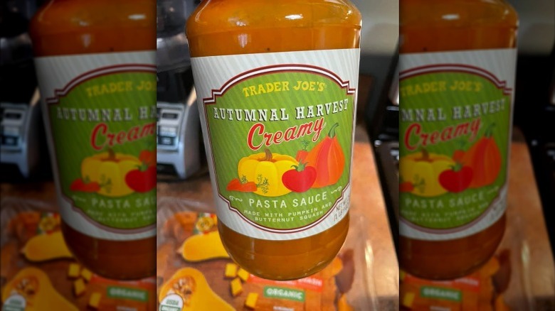 A jar of Trader Joe's Autumnal Harvest Creamy Pasta Sauce