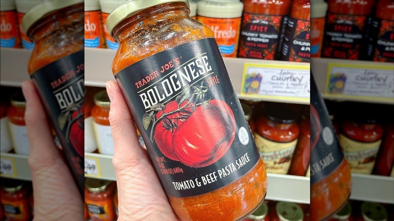 A jar of Trader Joe's Bolognese Style Tomato & Beef Pasta Sauce