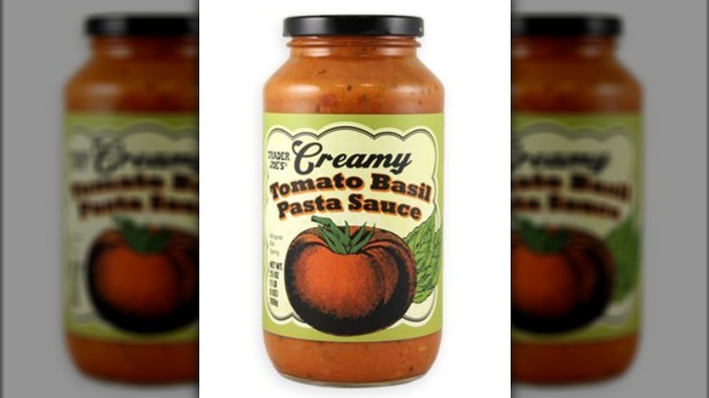 A jar of Trader Joe's Creamy Tomato Basil Pasta Sauce