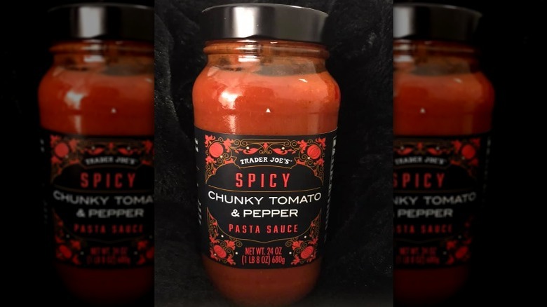 A jar of Trader Joe's Spicy Chunky Tomato & Pepper Pasta Sauce