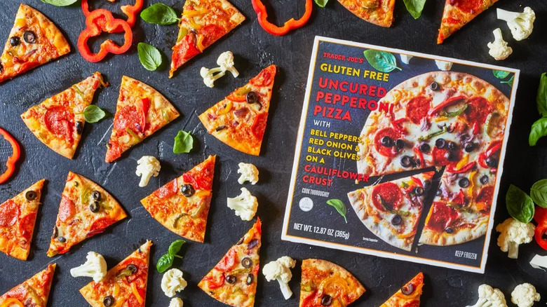 Trader Joe's frozen gluten free pizza box with slices