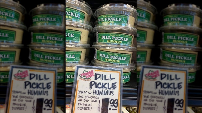 Several containers of dill pickle hummus from Trader Joe's