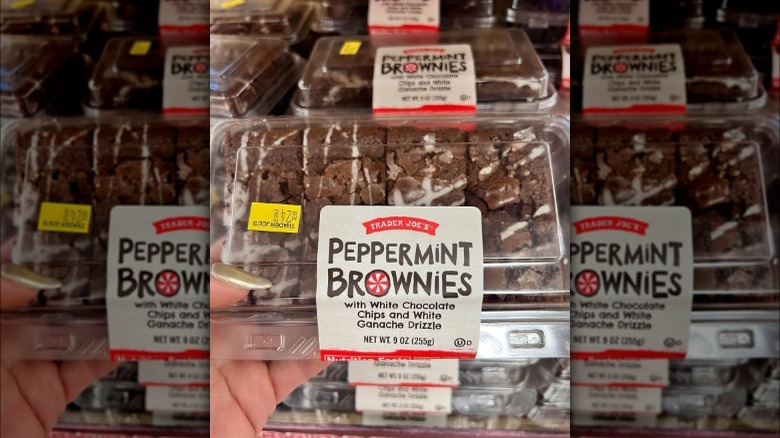 hand holding Trader Joe's Peppermint Brownies