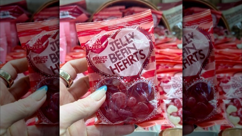 Hand holding Jelly Bean Hearts from Trader Joe's