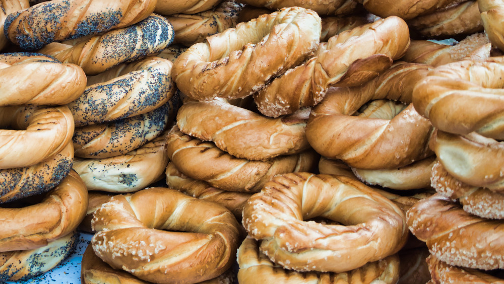 Pretzel bagels awaiting purchase