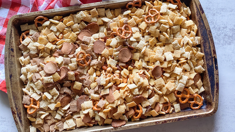 baking pan of Chex Mix