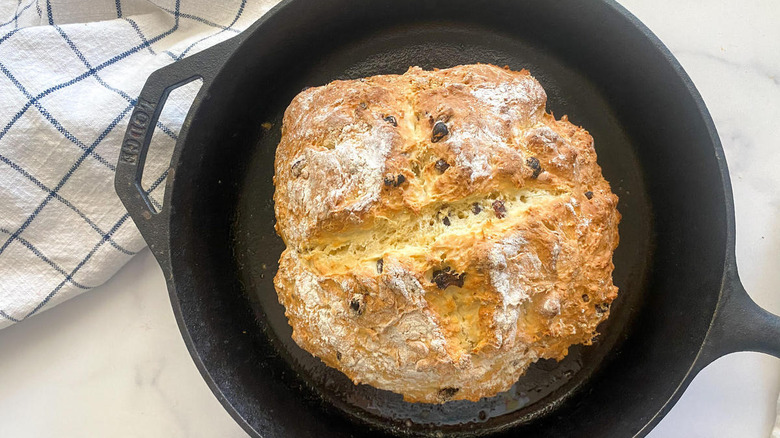 traditional Irish soda bread in a cast iron skillet 